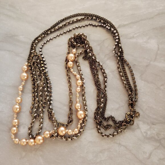 ✨ J.Crew Champagne Pearl Thead Antiqued Rhinestones Crystal Multi Chain Necklace - Picture 1 of 6